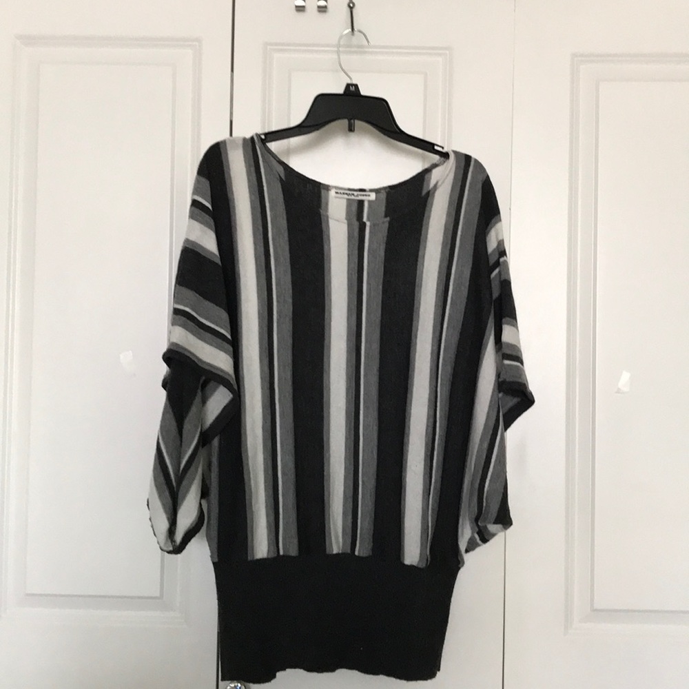 Wide banded bottom dolphin sleeve stripe sweater